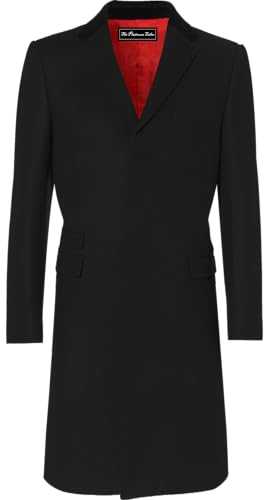 The Platinum Tailor Mens Black Overcoat Wool & Cashmere Covert Warm Winter Mod Cromby Coat Velvet Collar & Red Satin