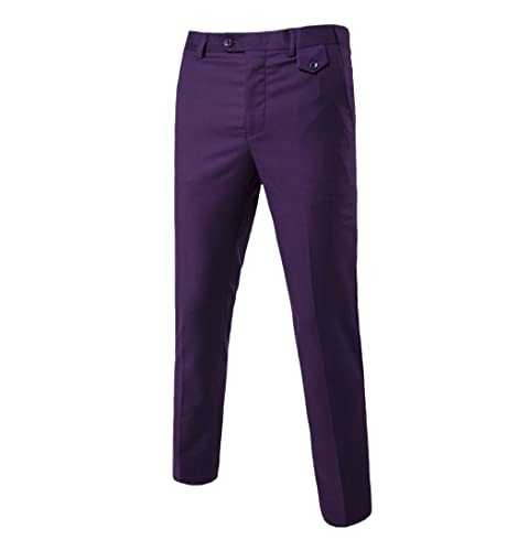 VMAKBUWIS Purple Slim Fit Straight Dress Pants, Men Formal Office Flat-Front Trousers, Business Wedding Suit Pants