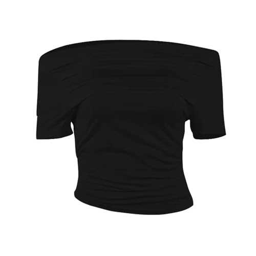 TGGOHIGH T Shirt T-Shirts Women Summer Fashion Black Short Sleeve Slash Neck Folds Crop Top Casual Streetwear Bodycon Solid