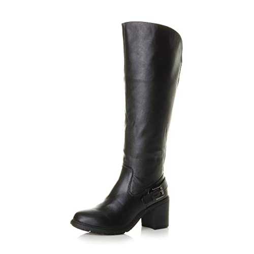 AJVANI Womens ladies block chunky high heel wide calf zip stretch biker knee boots size