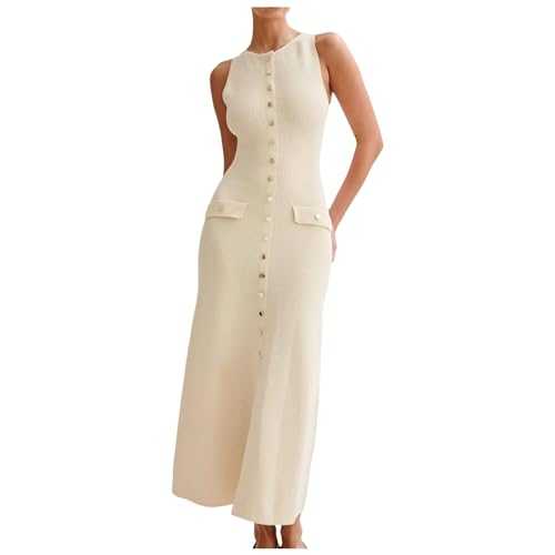 Celucke 2024 Summer Style Sleeveless Round Neck Slim Fit Knitted Dress, Boho Dress, Party Dress, Petite Dresses for Women, Ladies Dressing Gowns, Maternity Dresses, Sundresses for Women UK