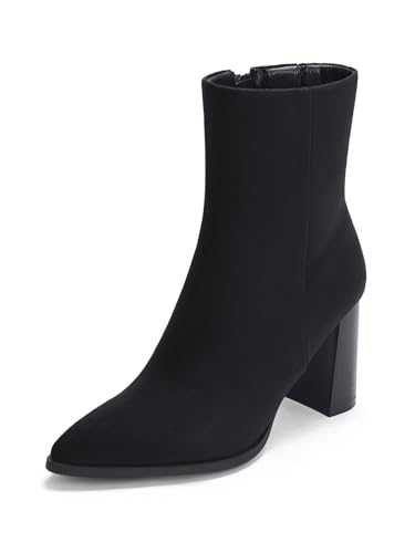 Coutgo Womens Ankle Boots Pointed Toe Chunky Stacked Heel Side Zipper Dress Fall Booties Shoes