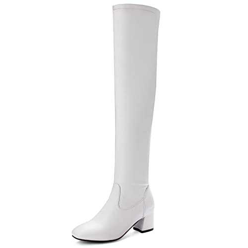 MJIASIAWA Ladies Over The Knee Block Mid Heels Fashion Stretch Boots