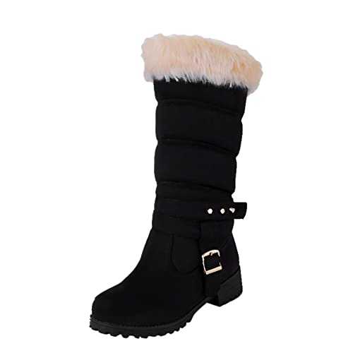 Women's Snow Medium High Boots Lightweight Warm Waterproof Snow Boots Womens Knee-High Boots Round Toe Long Boots Suede Flat Boots