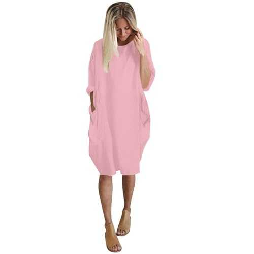 Casual Dresses for Women UK Plus Size Casual Summer Short Sleeve Round Neck Midi Dresses Cotton Linen Sundress with Pockets Baggy Oversized Loose Fits Midi Dresses for Daily Holiday Travel