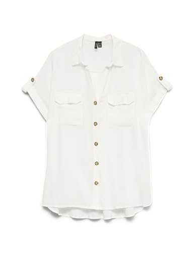 VERO MODA Womens Short Sleeve Striped Shirt with Chest Pockets and Button Placket