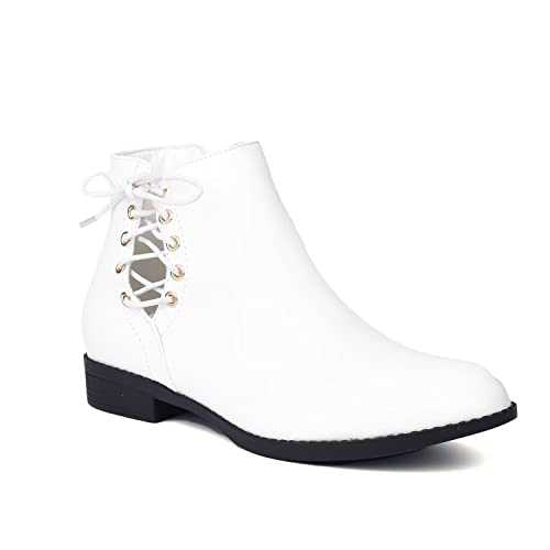 ComeShun Low Block Heels Ankle Boots Hollowed Out Vamp Comfort Lace Up Booties