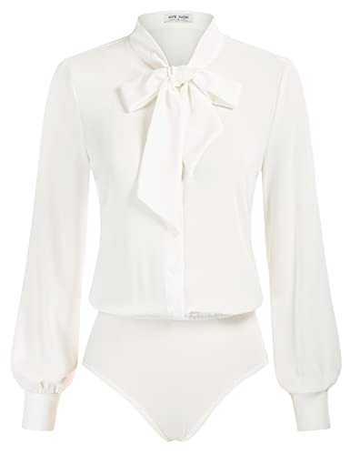 Kate Kasin Women's Elegant Long Sleeve White Blouses Sexy Plain Bodysuits Formal Office Clothes Outfit