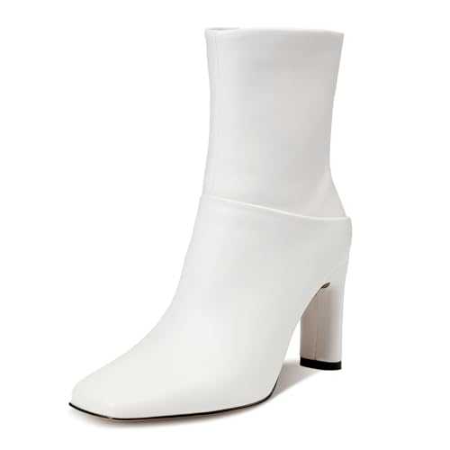 Uacllcau Ankle Boots for Women Square Toe High Heel Block Mid Calf Side Zipper Short Booties Gogo Fashion Fall Winter Boots