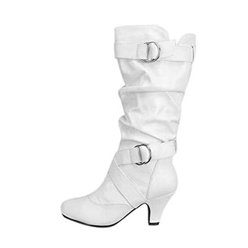 SHOBDW Knee High Boots Women UK Durable Non Slip Chunky Heel Tall Boots Winter Waterproof Mid Calf High Heels Ladies Classic Outdoor Motorcycle Boots Walking Shoes