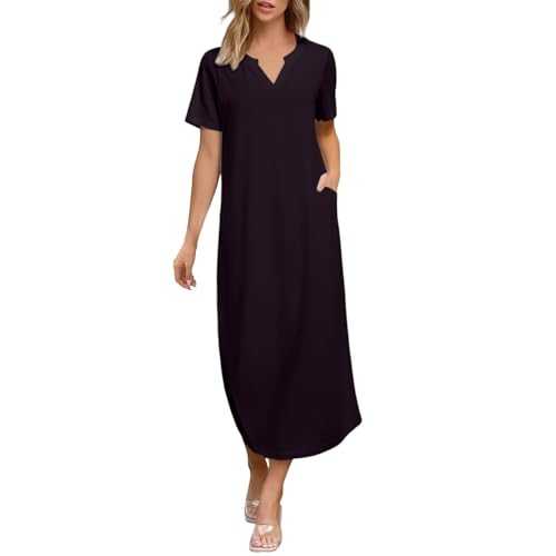 Women's Summer Casual Maxi Dress Short Sleeves V Neck Loose Split Long Beach Shirt Dress Vacation Womens Plus Size Bohemian Long Maxi Summer Beach Swing Sundress with Pockets for Ladies