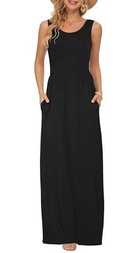 AUSELILY Maxi Dresses for Women UK Sleeveless Maxi Dress Loose Long Dresses with Pockets Black XL