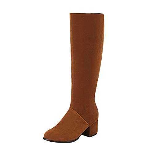 XINIXN Women's Ankle Boot, Small Heel Women's Fashion Solid Color Chunky High Heel Side Zipper Long Knee Boots Insoles Shoes Summer Gel, brown, 5 UK