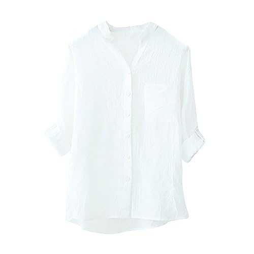 Sumer Cotton Linen Blouse Womens 3/4 Sleeve Tunic Tops Solid Color Swing Tops Side Split Blouse Dressy Tops V Neck Bead Tunic Blouse Solid Color Pullover Shirts Ladies Casual Tee Tops
