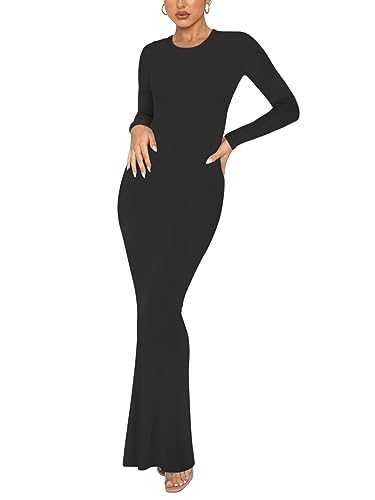 REORIA Women's Sexy Crew Neck Lounge Long Dress Elegant Long Sleeve Ribbed Bodycon Maxi Dresses