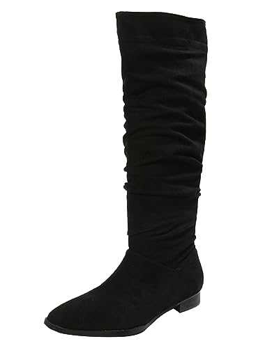 Rimhold Womens Calf Boots Suede Boot Slouch Boots Round Toe Fashion Party Booties Fleece Winter Boot Lady Classic Mid-calf Boots