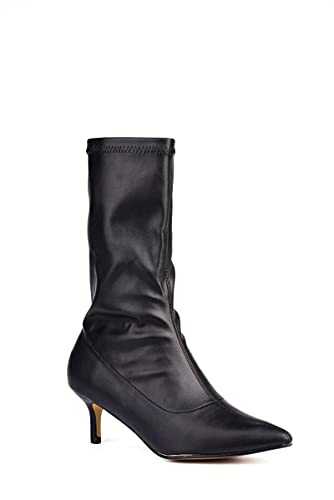ComeShun Women Classic Mid Calf Boots Pointed Toe Kitten Heel Booties