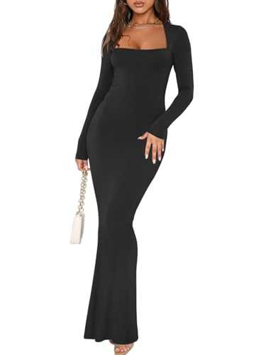 REORIA Women's Sexy Square Neck Long Sleeve Bodycon Maxi Dress Casual Ribbed Soft Lounge Dresses