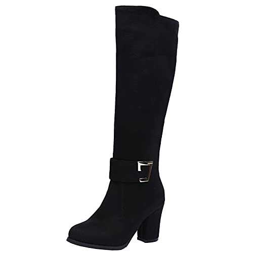 Onewus Women Knee-High Boots with Chunky Heel and Rounded Toe