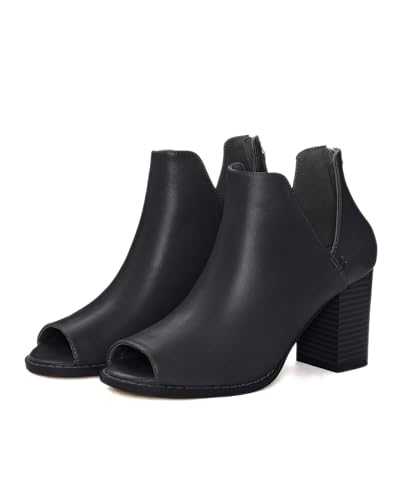 Coutgo Womens Peep Toe Ankle Boots Slip on Side Slit V Cutout Sandals Chunky Mid Heel Booties