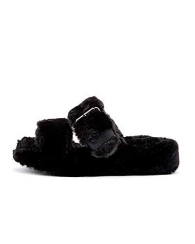 Womens COZY WEDGE Double buckle Faux Fur design Sandals - Black - 7