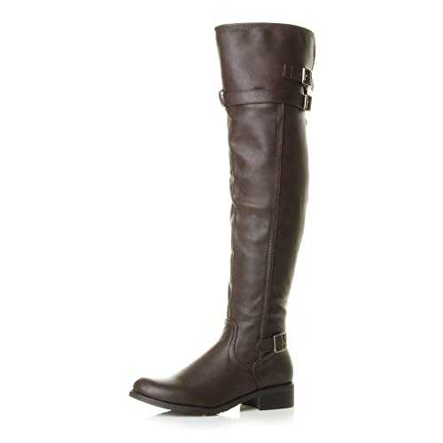 AJVANI Womens Ladies Low Heel Flat Winter Zip Over The Knee Buckle Riding Boots Size