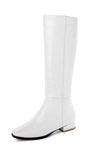 REKALFO Wide Fit Shoes Womens PU Leather Zipper Round Toe Chunky Heel Soft Breathable Knee High Boots Women Winter Booties