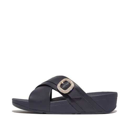 Women's Lulu Crystal-Buckle Leather Cross Slides