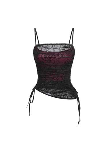 GORGLITTER Women's Floral Lace Sheer Asymmetrical Cami Top Drawstring Ruched Slim Fit Punk Tops