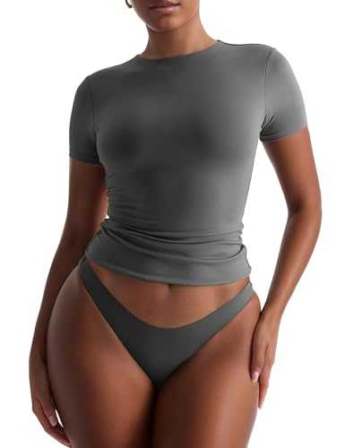 Women's Slim Fit Crop Tops Crew Neck Short Sleeve Double Lined Fitted Basic Tee Tight Summer Trendy Clothing