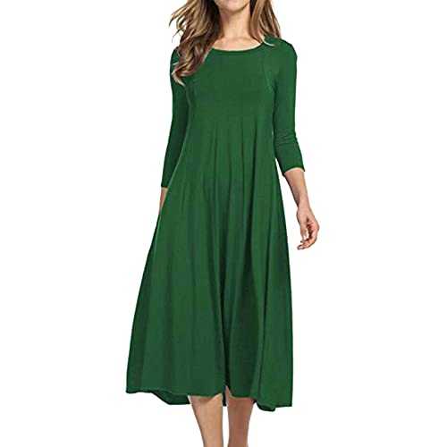 Womens Cotton Dress Women's Fashion Casual Solid Dress Round Neck Long Sleeve Mid Calf Swing Dress Ruffle Maxi Dress