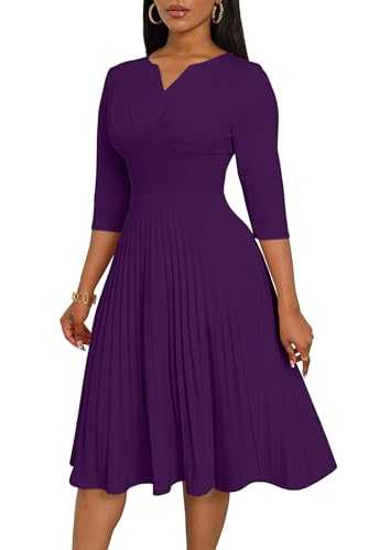 CLOCOR Midi Dresses for Women Casual Wrap Flared Pleated Dress A Line 3/4 Sleeve V Neck Church Cocktail Wedding Guest Dress