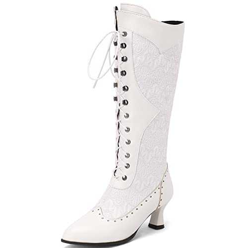 Mo Joc Women Lace up Knee High Boots with Kitten Heel and Pointed Toe
