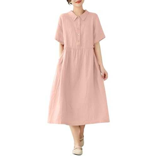 Women Summer Cotton Linen Dresses UK Short Sleeve Half Button Midi Dress with Pocket Ladies Baggy Casual A-Line Dress Plain Oversized Solid Holiday Party Beach Dresses, UK Size S-XXL