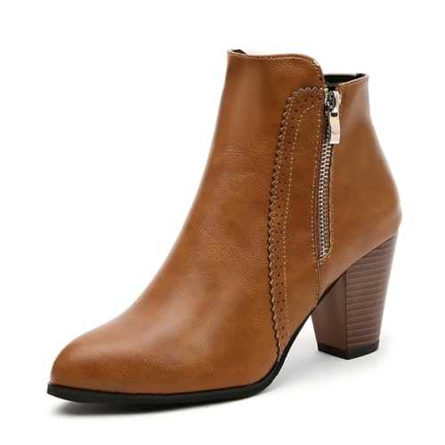 Ladies Ankle Boots, Pointed Toe Zip Up Mid Block Heeled Ankle Boots for Women