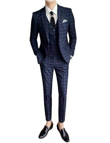 Mrjitor Men's Single Breasted Plaid Suit Notch Lapel Jacket & Vest & Pants Checked Tuxedos