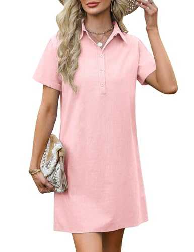 PASUDA Women's Summer Dresses Casual T Shirt Dress Short Sleeve Elegant Tunic Dress Loose Plus Size Solid Color Cotton Short Dress with Pockets