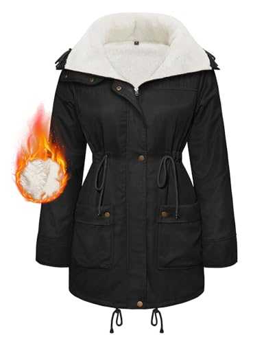 CMTOP Winter Jackets for Women Fleece Lined Women's Coats Padded Warm Winter Outerwear Plush Thermal Jackets Zip Up Lapel Womens Parka Cotton Thicken Casual Ladies Overcoat with Pockets