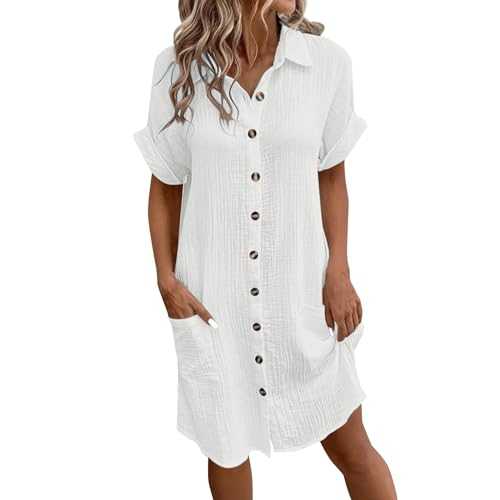 Loose Fitting Cotton Summer Midi Dresses for Women UK | Casual Button Up Dresses Lapel Neck Beach Business Dresses Summer Vacation Short Sleeve Flowy Dress A-Line Tea Party Dresses