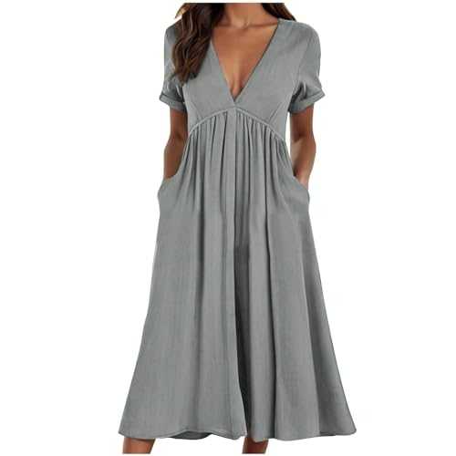 Womens Summer Wrap Dress Clearance Ladies Casual Ruffle Short Sleeve V-Neck Solid Color Beach Dresses for Women UK Casual Short Sleeve Midi A Line Cotton Linen Calf Length Sundress with Pockets