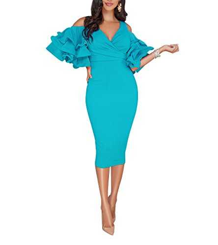 VERWIN Solid Flounced Sleeves Cold Shoulder V Neck Elegant Sexy Party Evening Midi Dress Bodycon Dress