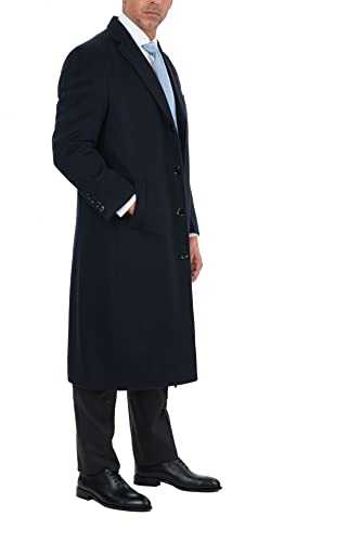 Men's Wool Cashmere Single Breasted Full Length Overcoat Top Coat, Navy Blue, XX-Large