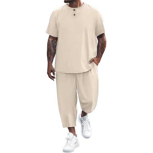 Men's Summer Leisure Linen T Shirt Set and Linen Two Sets Dress Suits for Men Slim Fit