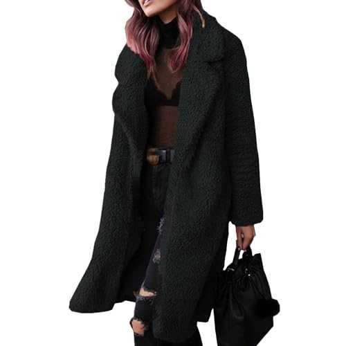 Women's Fuzzy Fleece Lapel Cardigan Coat Faux Fur Open Front A Line Teddy Jacket Warm Winter Solid Color Outwear