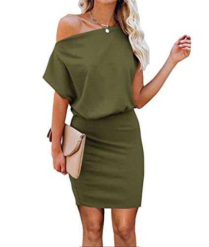 Ezbelle Women's Off The Shoulder Short Sleeve Ribbed Casual Summer Hips-Wrapped Bodycon Party Mini Dress