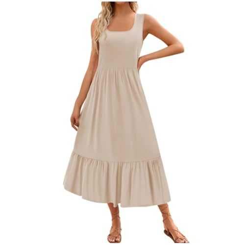 Midi Dresses for Women UK Elegant Ruffle Boho Floral Dress Plain Summer Sleeveless A Line Dresses Smocked Tunic Dresses Solid Color Square Neck Long Beach Sundresses