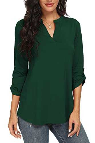 Womens Summer Shirts Notch V Neck Blouses 3/4 Roll Sleeve Tunic Tops