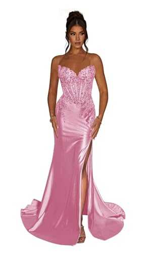 Women's Strapless Satin Prom Dresses Sparkly Lace Appliques Formal Dress Sequin Mermaid Evening Gowns