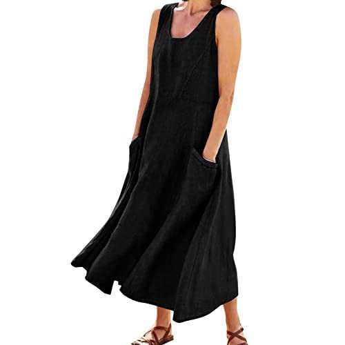Dress for Women 2022 Fashion Casual Solid Cotton Dress Sleeveless with Pocket Loose Tank Maxi Loose Dresses for Women Summer