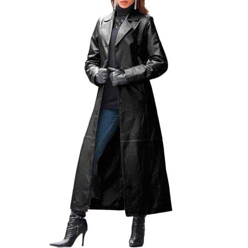 uSecee Women's Leather Coat Long Trench PU Faux Leather Jacket Lapel Long Sleeve Fashion Vegan Leather Trench Mid Coat Windproof Outerwear
